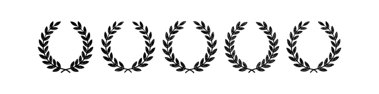 Set of five hand-drawn black laurel wreath icons on white. Textured vector illustrations for awards, achievement symbols, and classic victory emblems.