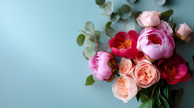 Romantic peonies and roses on pastel blue background, elegant floral border, pink spring bouquet, feminine botanical arrangement, wedding flowers, delicate blossom flat lay, luxury