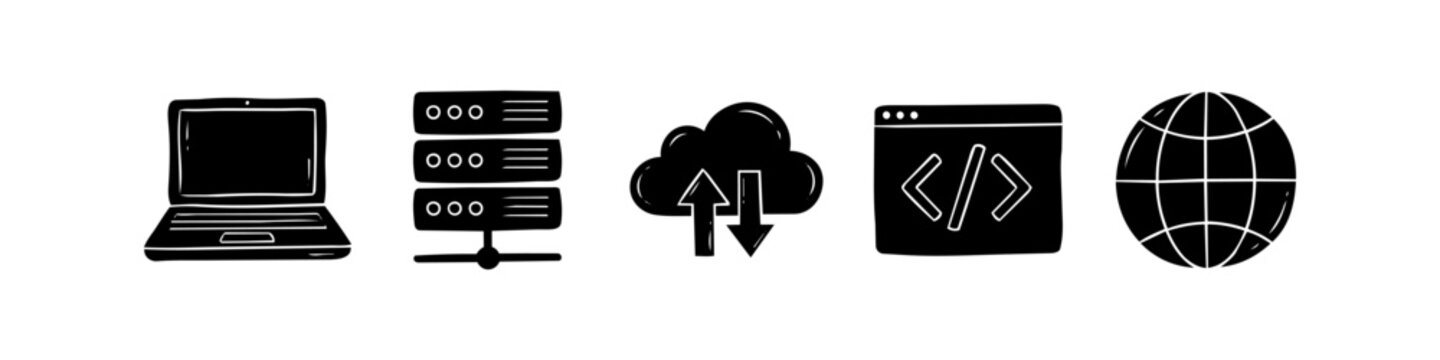 Set of hand-drawn black technology icons featuring a laptop, server, cloud storage, coding, and globe. Minimalist doodle style for web design, IT, and networking concepts.