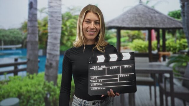 Woman holding a clapperboard, hand and fingers visible while smiling, wearing black top and jeans, standing before a resort pool gazebo in a studio; confidence creative production.