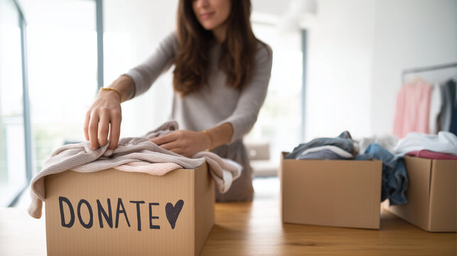 decluttering clothes at home, woman organizing donation and discard boxes, charity lifestyle concept, sustainable living, real home scene, copy space matching the reference composi