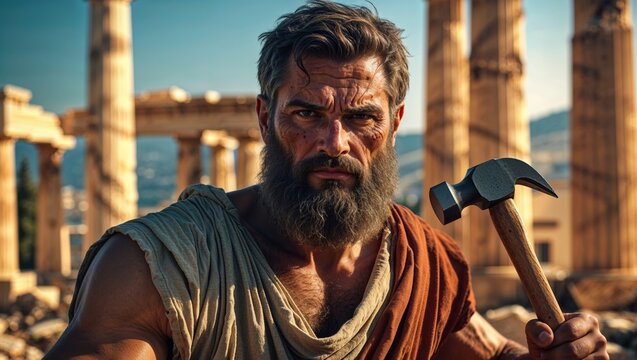 Ancient Greek man with hammer and beard stands before ruins of classical architecture