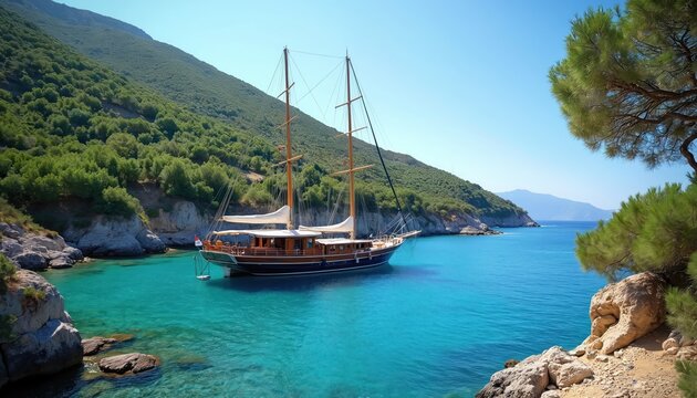 Wooden gulet boat floats in clear turquoise water near green hills. Calm sea surrounds vessel in sunny bay. Coastal landscape with boat and forest.