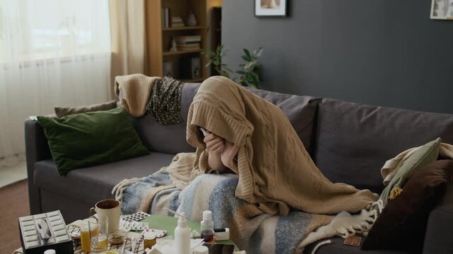 Medium full shot of exhausted sick young Caucasian woman wrapping herself in blanket while coughing, experiencing high flu fever and chills, then reclining on couch, packs of medication on table
