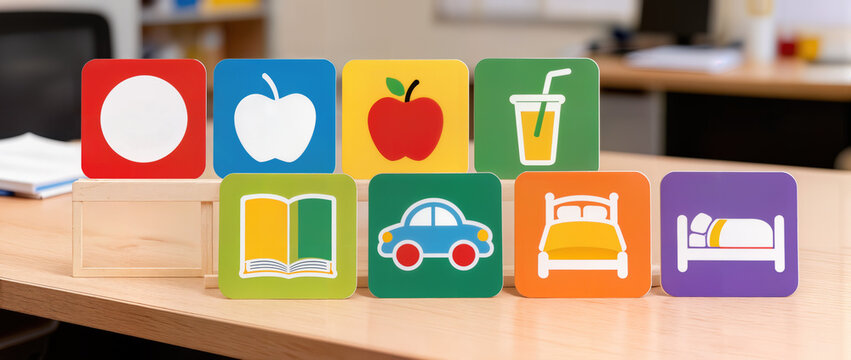 PECS cards for autism communication on wooden stand with colorful icons representing words and objects. PECS cards aid in autism communication with images of food, drink, transportation, reading