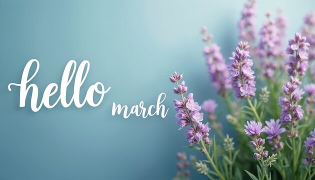 Gentle spring background with hello march text and soft purple lavender flowers. Peaceful greeting for March, perfect for seasonal promotions or invitations with copy space.