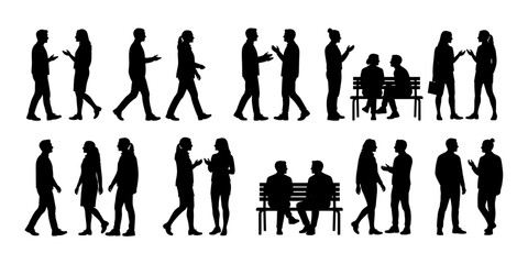 Fototapeta premium Diverse group of people silhouettes converse and walk side profile view 