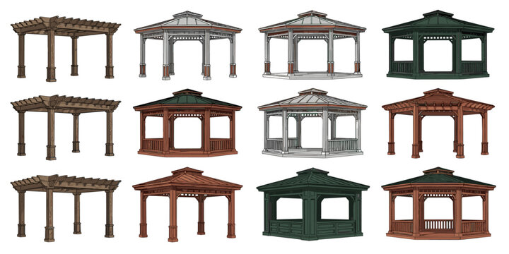Collection of various garden pergolas and gazebos in different architectural styles