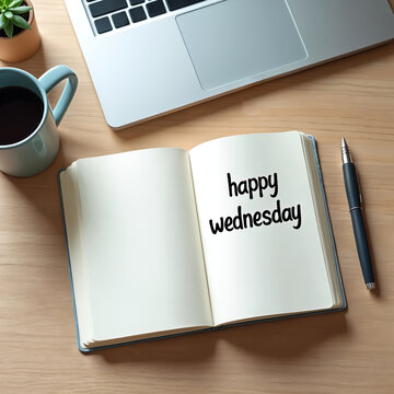 Notebook with happy wednesday message rests on wooden desk beside coffee mug laptop and pen. Plant adds touch of green. Clean minimal workspace.