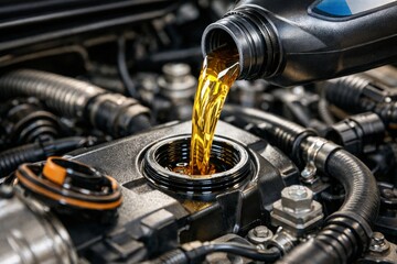 Pouring Motor Oil into Car Engine, Automotive Maintenance and Lubrication Service Close Up