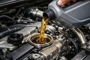 Engine Oil Change Maintenance, Pouring Motor Oil into Car Engine for Automotive Service Concept
