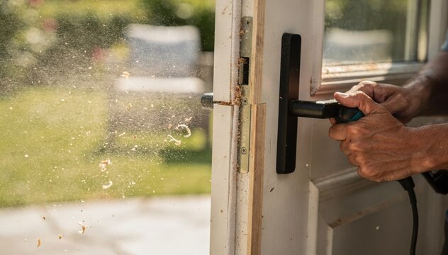 Medium shot showing an exterior entry door being modified highlighting clean cuts and adjustments with a blurred outdoor background.