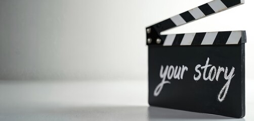 Naklejka premium Black film clapboard with white chalk text reads your story. Used for movie production and video creation. A symbol of filmmaking and storytelling.