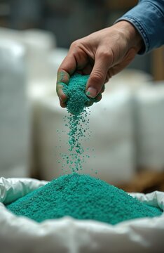 Hand pours blue plastic granules from palm into pile. Small resin pellets for injection molding process. Material for plastic production in factory.