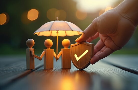 Wooden figures stand under lit umbrella. Hand holds shield with check mark. Symbolizes safety, security, care, and protection. Represents insurance, support, business, and trust.