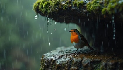 Obraz premium Robin bird seeks shelter under mossy rock during rain. Small creature stays dry from water drops in forest. Nature scene shows survival and peace.