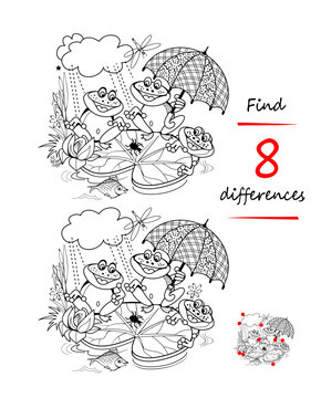 Find 8 differences. Hand drawn illustration of the funny frogs playing in swamp in the rain. Logic puzzle game for children and adults. Page for kids brain teaser book. Black and white vector drawing