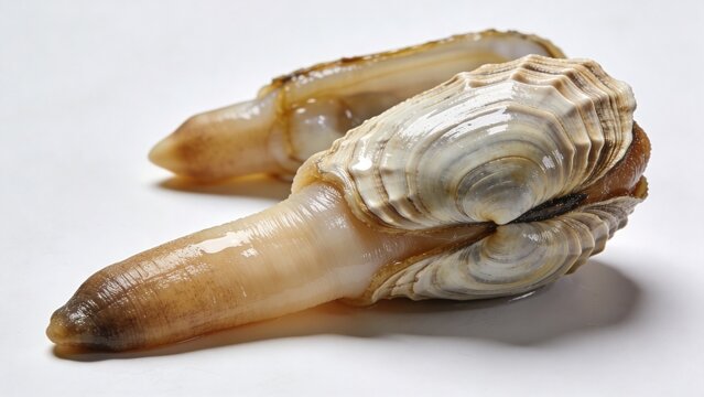 Rare geoduck clam featuring extended siphon and sculptural shell delivers striking gourmet seafood visual appeal