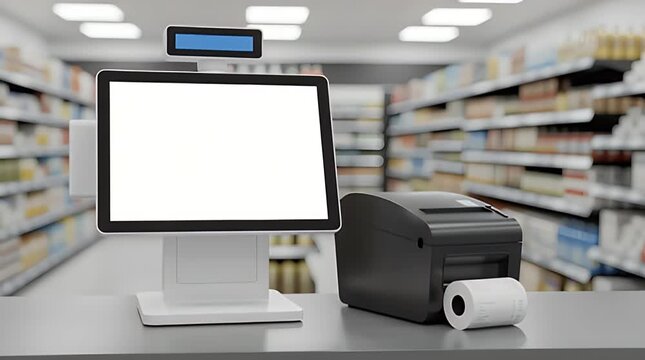 Modern point of sale system with a blank white screen and receipt printer ready for custom content, perfect for retail technology presentations and supermarket checkout concepts.