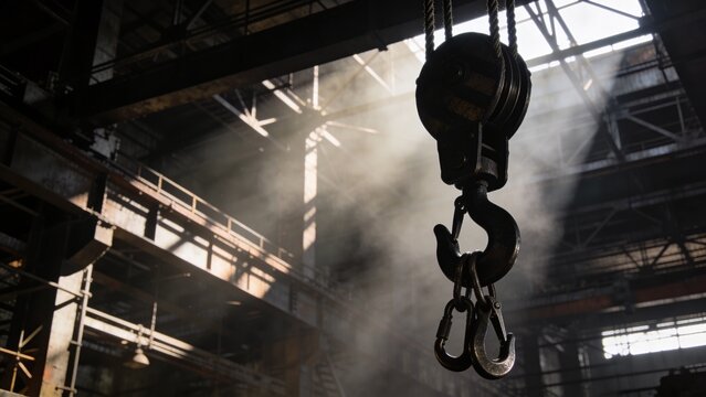 Rope Pulley and Carabiner Cluster Silhouetted Within Expansive Steel Plant for Industrial Safety Visual