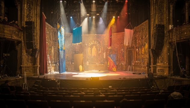 Medium shot of a proscenium stage being revamped with vibrant backdrops and fresh lighting highlighting the intricate set design in sharp focus against blurred seating.