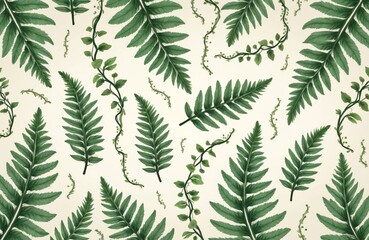 Obraz premium Green fern fronds and vines create repeating pattern on light beige background. Natural botanical illustration for decorative textile or wallpaper design. Organic leaf motif.