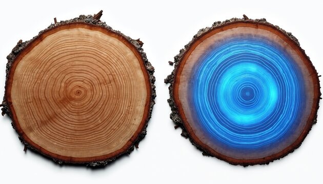 Two tree trunk cross sections, one natural wood and one with bright blue glowing rings. Both show growth circles and bark. One signifies natural process, the other energy or fantasy.