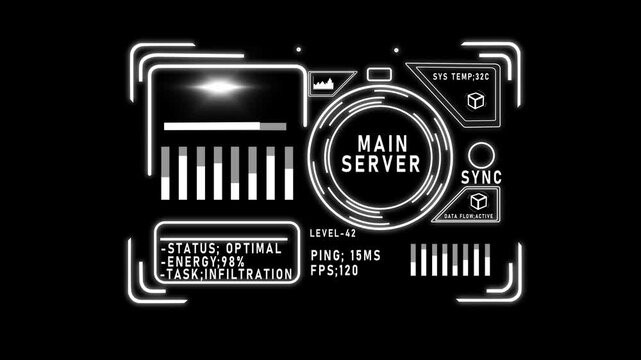 Futuristic hud main server interface with digital data analytics and cyber infiltration status overlay 4k