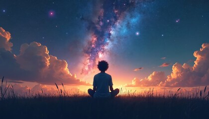 Obraz premium Person sits in grass looking at vibrant colorful galaxy nebula in night sky. Clouds glow at sunset twilight. Outer space, cosmos, wonder, imagination.