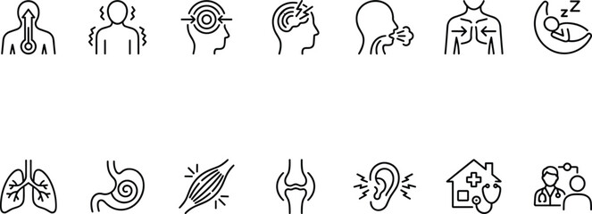 A collection of black line icons depicting various health and medical symptoms and concepts © Ranuka41