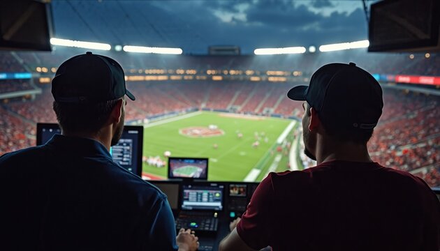 Two men in baseball caps work in stadium broadcast booth. They watch football game on monitors. Screens show game action and stats. Crowd watches on field.