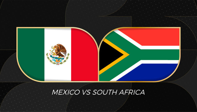 Mexico versus South Africa Sports Match Banner with National Flags in golden rounded badge design.
