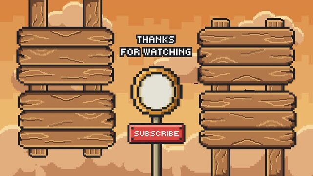 Retro pixel wood wall end screen with central circle frame and side panels in soft glowing evening sky Prores 4K 60fps