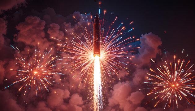 Patriotic firework rocket exploding with red white and blue sparks and smoke in the night sky