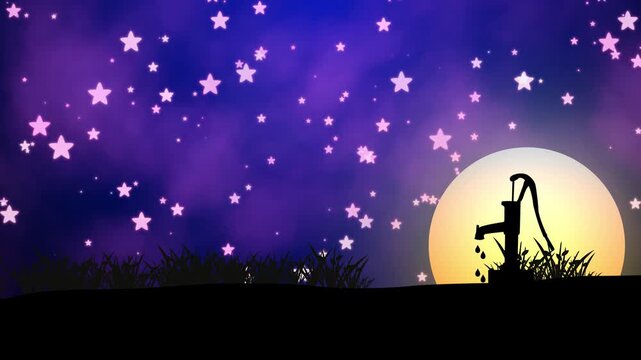 Magical Night Scene With Silhouette Of An Old Fashioned Hand Water Pump And Grassy Hill Against A Large Glowing Full Moon And Deep Purple Starry Sky, Stylized Twinkling Stars In A Dreamy Fantasy Lands