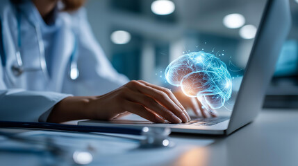 Fototapeta premium Close up of a medical professional's hands at a clinical laptop a glowing holographic brain model and DNA strand visualization floating above the screen printed research