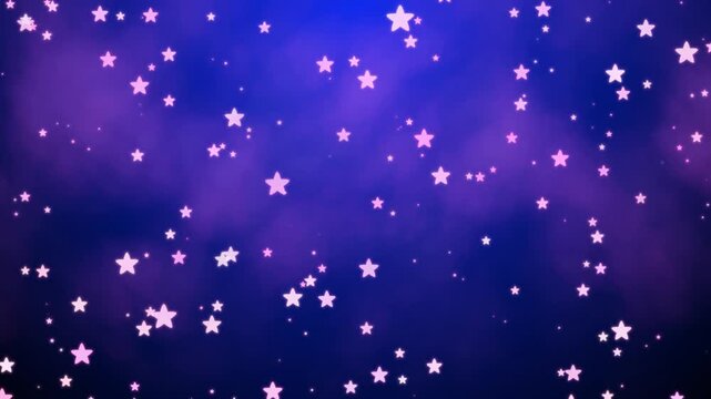Magical glowing pink cartoon stars drifting through a deep blue and purple nebula background. Whimsical celestial motion graphics featuring soft light effects and a dreamy atmosphere for fantasy or sp