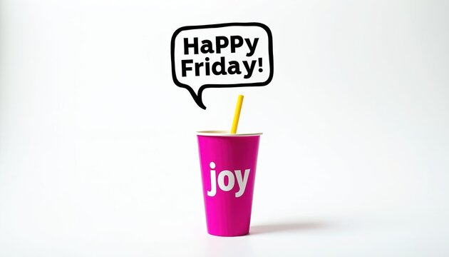 Magenta cup with yellow straw states Joy and Happy Friday text in speech bubble. Isolated on white background, it conveys weekend anticipation and good vibes.