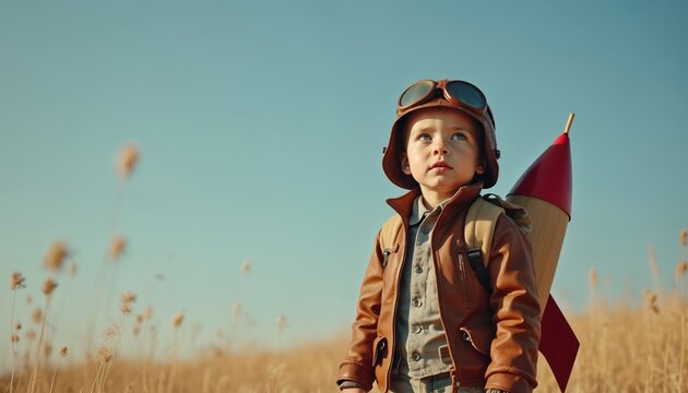 Young boy in pilot costume with rocket backpack stands in dry grass field. Child dreams of flight, space exploration, adventure. Kid wears aviator hat goggles, leather jacket. Sunny day, blue sky.