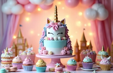 Naklejka premium Two tier unicorn cake with pastel cupcakes and macarons. Festive party table setting with bright balloons and castle decor. Sweet treats for celebration.
