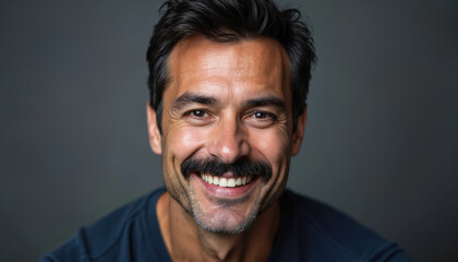 Obraz premium Mature man with mustache smiles at camera. He wears dark blue t-shirt. Gray background, soft light. Head shot indoors studio portrait. Friendly, happy, confident expression.