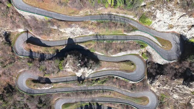 Aerial drone footage of the winding Lacets de Montvernier road