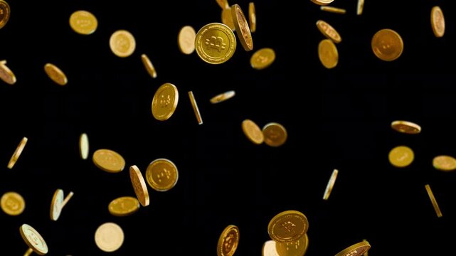 Falling bitcoin coins on transparent background, seamless slow motion loop