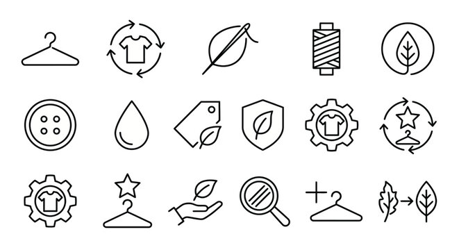 Maximum ultra-simplified circular fashion and sustainable textile web icons in line art style. Symbols of clothing recycling, ethical manufacturing, and eco-friendly fabrics. Clean black and white vec