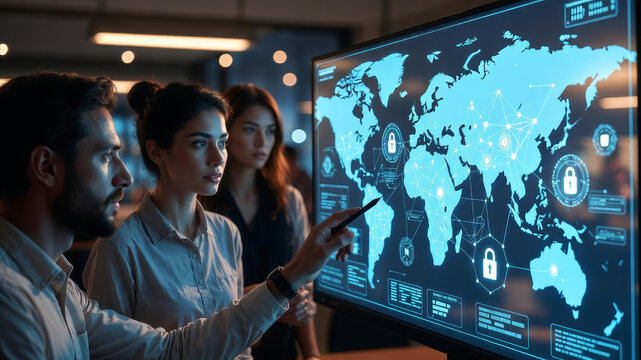 A team of professionals analyzes cybersecurity data on a digital map, highlighting global connections and security measures in a tech-focused environment.