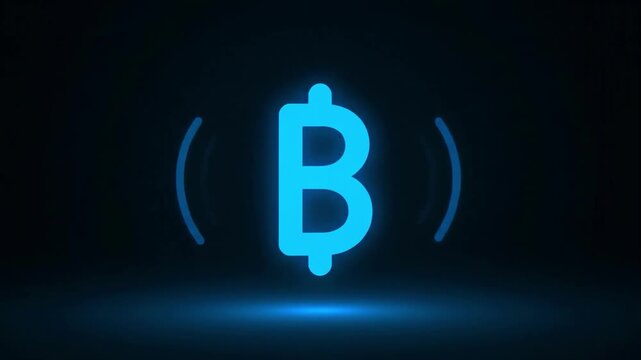 A glowing blue Bitcoin logo on a dark background, representing cryptocurrency and digital finance.