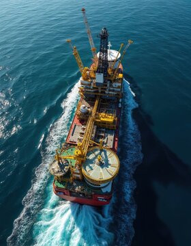 Massive offshore FPSO vessel cruises through open ocean waters. Ship carries complex industrial equipment for oil and gas extraction. Advanced maritime engineering facility at sea.