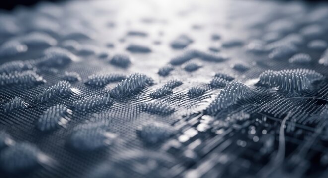 Close-up of a metallic surface featuring a grid pattern with numerous small, raised bumps and protrusions, reflecting light.