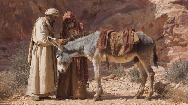 Abraham and a servant preparing the donkey for the journey to Moriah