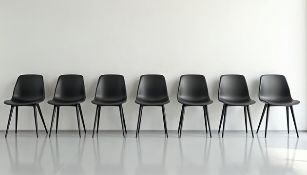 Seven black chairs in a clean minimalist interior. Chairs arranged in a neat row against a white wall and grey floor. Modern furniture and simple aesthetic creates organized, symmetrical space.